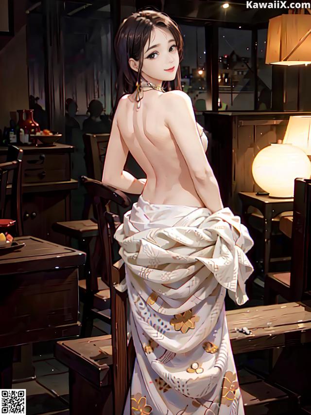 A woman in a white kimono standing in a restaurant.