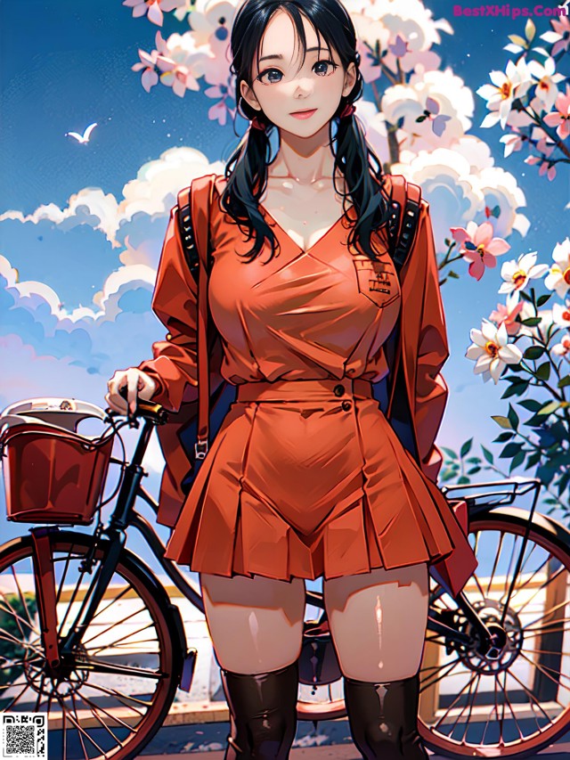 A woman in a red dress standing next to a bike.