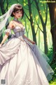 A woman in a wedding dress standing in the woods.