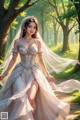 A woman in a wedding dress walking through a forest.